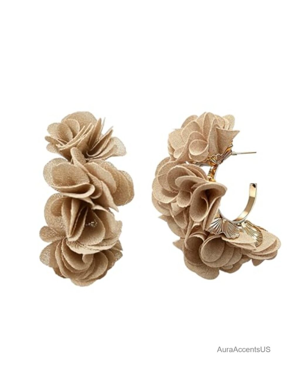 Chiffon Flower C Hoop Statement Earrings Gold Tone Layered Floral Drop